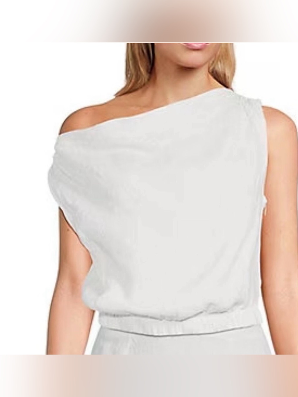 Le' Al.X Linen White Asymmetrical One Shoulder Cowl Neck Cropped Blouse Size Xl